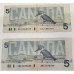 CANADA 1986 . FIVE 5 DOLLAR BANKNOTES . 2x BONIN / THIESSEN . SCARCE TYPE